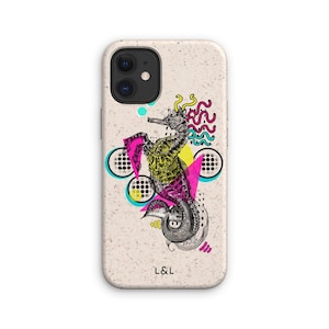 May include: A white phone case with a seahorse design. The seahorse is black and white with pink and yellow accents. The case has a geometric pattern and the text "L&L" on the bottom.