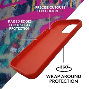 May include: A bright orange phone case with raised edges for display protection and precise cutouts for controls. The case offers 360-degree wrap-around protection. Text on the case reads "PRECISE CUTOUTS FOR CONTROLS" and "WRAP AROUND PROTECTION".