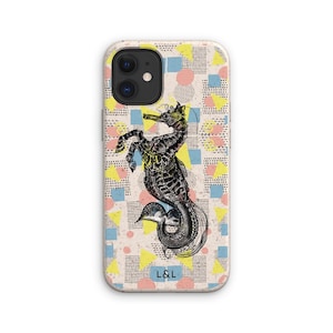 May include: A phone case with a colorful geometric pattern and a black and white illustration of a seahorse. The case has the text "L&L" printed on the bottom.