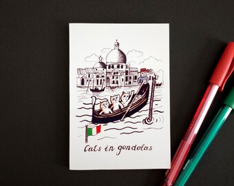 PRINT// Cats in gondolas // cat in Venice, cat lover, pet, print paper on the wood panel, small decoration, great gift!