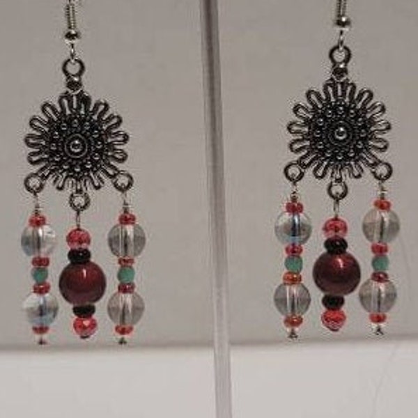 Earrings Beautiful Sunflower Red Gems Turquoise Fire Polish Crysals Avant Garde All The Rage Jewelry Box One Of A Kind Quality Hand Made USA