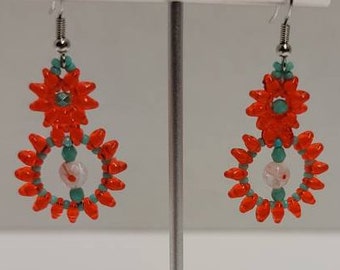 Earrings Beautiful Orange & Teal Flower Cute Bling New Style Art Avant Garde All The Rage Jewelry Box One Of A Kind Quality Hand Made In USA