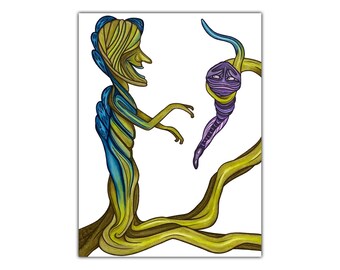 May include: A whimsical illustration of two fantastical creatures, one blue and green, the other purple, interacting on a branch with a yellow and brown color scheme.