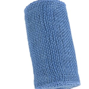 May include: A roll of blue burlap ribbon. The ribbon is woven and has a textured surface.