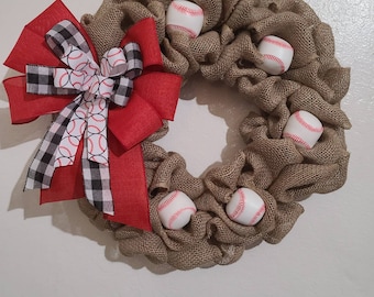couronne de base-ball de toile de jute pour la porte d’entrée w/ balles de baseball et arc / ressort de swag de porte /cintre de porte/ décor de porte / couronne de printemps d’été /cadeau de sport