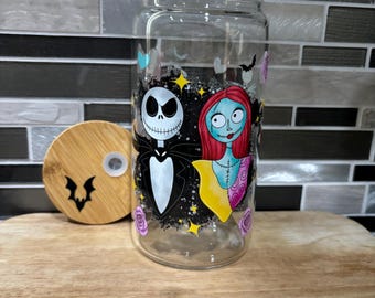 Nightmare jack and sally Christmas Halloween cup ,16 oz cup with bamboo lid and straw, Halloween cup, Halloween gift Halloween decor