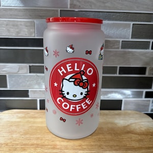 Hello coffee Red Christmas cup kawaii kitty glass cup UV DTF cup 16 oz cup,ready to ship,  cup ,merry Christmas ,winter gift ,cute kitty cup