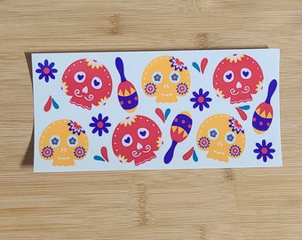 Envoltura para taza de Halloween con lindas calaveras de azúcar, envoltura para taza UV DTF, envoltura para taza de 16 oz, lista para aplicar, envoltura para taza de otoño, regalo