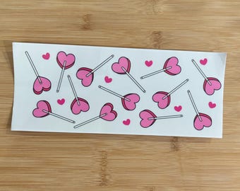 Emballage de tasse de sucettes de sucrerie de coeur rose, emballage de tasse UV DTF prêt à appliquer 16 oz, cadeau de Saint-Valentin, emballage de tasse de coeur de Saint-Valentin, tasse de biscuit