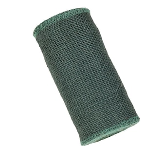 May include: A roll of green hessian ribbon with a light green edge. The ribbon is rolled up and ready to be used for crafting or decorating.