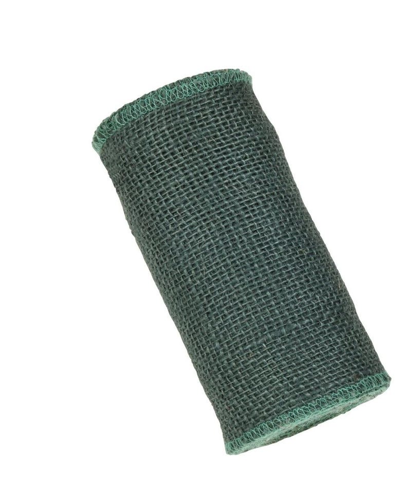 May include: A roll of green hessian ribbon with a light green edge. The ribbon is rolled up and ready to be used for crafting or decorating.