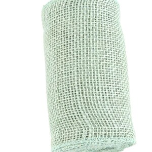 May include: A roll of light blue hessian ribbon. The ribbon is made of a woven mesh material and is ideal for crafting and decorating.