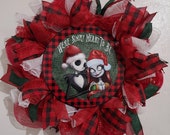 Jack and Sally nightmare before christmas wreath, Jack skellington christmas wreath, Jack skellington wreath. Christmas door hanger. Gift