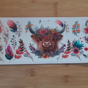UV DTF highland cow cup wrap with flower and white background,16 oz cup wrap. ready to applyready to ship, flower cup wrap,summer cup,gift