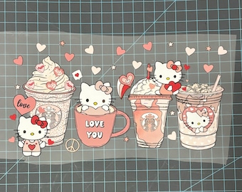 Sérigraphies de tasses à café en forme de coeur rose avec un chaton, une sérigraphie dtf kawaii avec un chaton et ses amis, prêtes à être imprimées #12