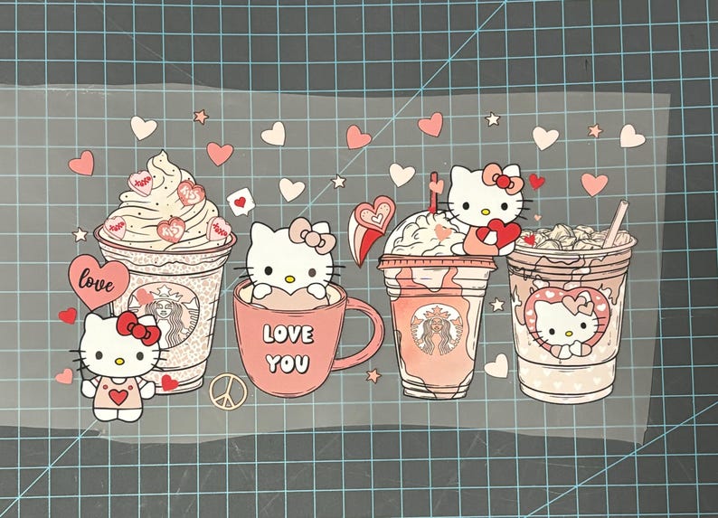 May include: Four pink and white coffee cups with Hello Kitty characters and hearts. The cups have whipped cream and chocolate on top. The text "Love You" is on one of the cups.