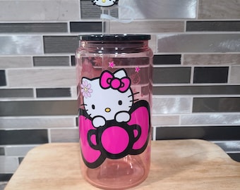 Tazza estiva kawaii con gattino rosa in vetro UV DTF, tazza da 16 once, pronta per la spedizione, involucro floreale per tazza, estate, regalo, tazza con gattino carino