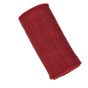 May include: A roll of red hessian ribbon. The ribbon is made of a coarse, woven fabric and has a rustic look.
