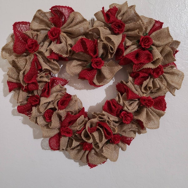 valentine's day wreath for front door/Red burlap rose heart wreath/ vanletine wreath/ everyday door hanger/rose door hanger /valentine's day