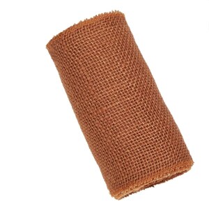 May include: A roll of brown hessian ribbon. The ribbon is woven and has a rough texture.