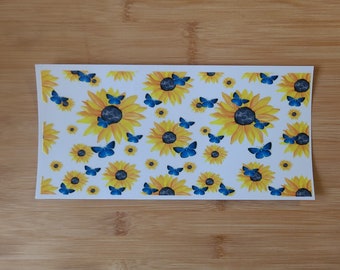 sunflower with blue butterflies 16 oz uv dtf cup wrap. ready to apply ready to ship, flower cup wrap,summer cup,gift