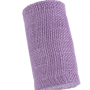 May include: A roll of purple hessian ribbon. The ribbon is made of a coarse, woven fabric and has a rustic look.