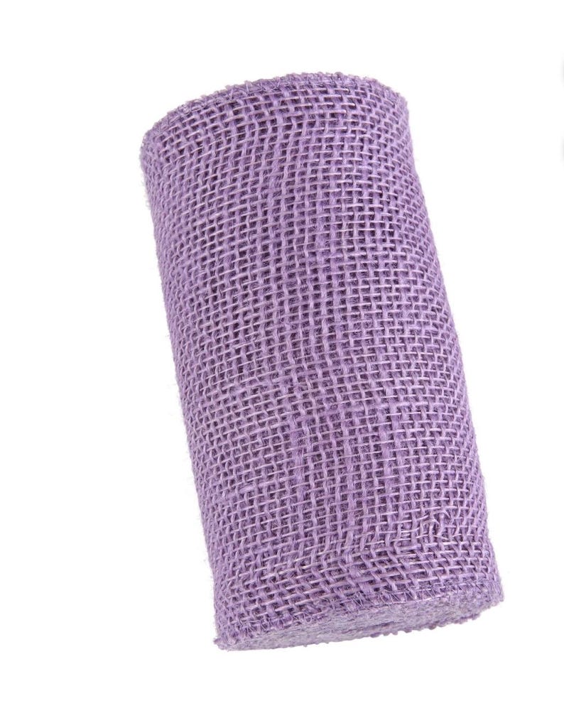 May include: A roll of purple hessian ribbon. The ribbon is made of a coarse, woven fabric and has a rustic look.