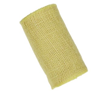 May include: A roll of yellow hessian ribbon. The ribbon is made of a coarse, woven fabric and has a slightly rough texture.