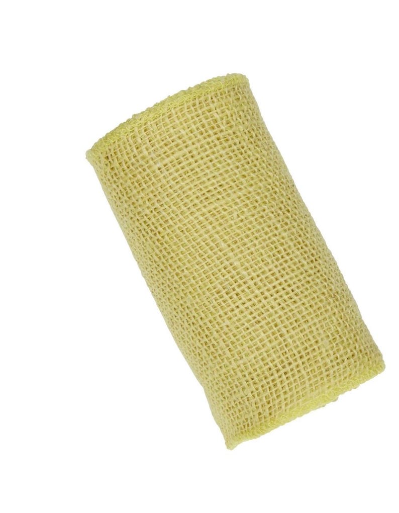 May include: A roll of yellow hessian ribbon. The ribbon is made of a coarse, woven fabric and has a slightly rough texture.