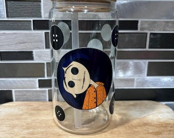 Tazza da 16 once con occhi a bottone di Halloween e coperchio in bambù, cannuccia e ciondolo in cannuccia abbinato, tazza da bambina con occhi a bottone, decorazione di Halloween