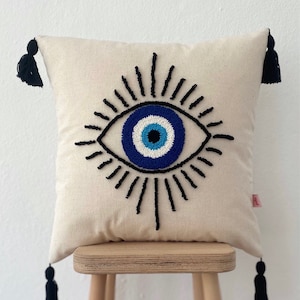 Galia Tasarim - Handmade Evil Eye Punch Embroidered Linen Cushion Cover with Black Tassels Throw Pillows