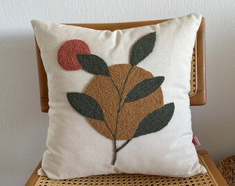 Galia Tasarim - Sunset Leaves and Sun Punch Embroidered Linen Cushion Cover - Nature-themed Pillowcase
