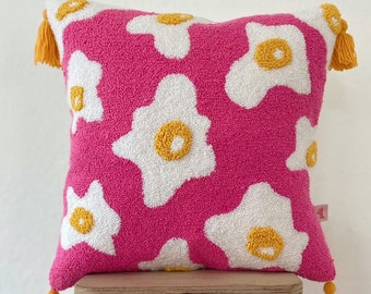 Galia Tasarim - Handmade Punch Needle Egg Design Cushion Cover - Hot Pink with Yellow Tassels