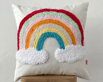 Galia Tasarim - Velvet Rainbow Punch Embroidery Fabric Pillow Cover, gift for baby shower