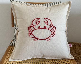 Galia Tasarim - Coastal Decor - Handmade Red Crab Punch Needle Embroidery on Linen Pillow Cover