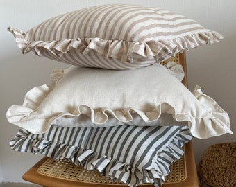 Galia Tasarim - Bohemian Frill Linen Striped Pillow Cover