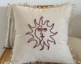 Galia Tasarim - Cinnamon Sun Face Mystical Cushion Cover - Hand-Punched on Linen with Fringe Edges