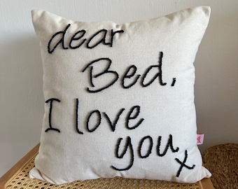 Galia Tasarim - Handmade Linen Pillow Cover with 'Dear Bed I Love You' Punch Needle Art