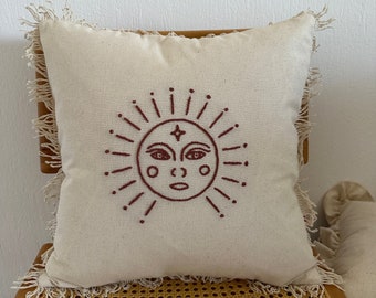 Galia Tasarim - Cinnamon Moon Face Mystical Figure on Linen Punch Needle Cushion Cover with Fringed Edges