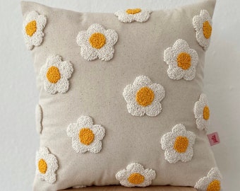 Galia Tasarim - Handmade Floral Pillow Cover- Linen Pillow Cover with Punch Embroidery - Yellow Buds, White Petals