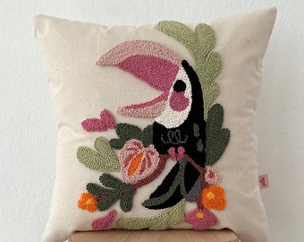 Galia Tasarım - Handmade Linen Fabric Punch Embroidered Parrot and Flowers Pillow Cover
