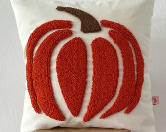 Galia Tasarim - Funda de almohada hecha a mano / Funda de almohada bordada de calabaza de Halloween - Decoración de otoño caprichosa - Acento naranja