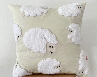 Galia Tasarim - Handmade Cute Lamb and Sheep Velvet Punch Needle Pillow Cover , gift for kid's