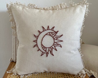 Galia Tasarim - Cinnamon Color Sun and Moon Figure Punch Embroidered Linen Cushion Cover with Fringe Edges