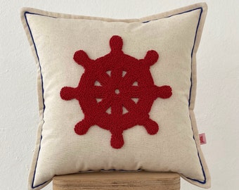 Galia Tasarim - Rudder Design Linen Cushion Cover with Red Trim