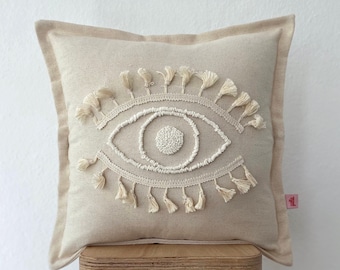Galia Tasarim - Handcrafted Linen Pillow Cover with Eye Motif and Cotton Tassel Trim Boho Chic