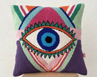 Galia Tasarim - Handmade Colorful Unique Evil Eye Punch Embroidered Pillow Cover