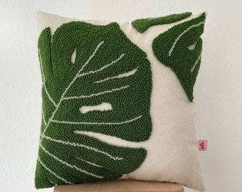 Galia Tasarim - Handmade Punch Needle Monstera and Botanical Theme Linen Pillow Cover - Natural and Stylish Cushion Case