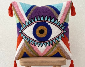 Galia Tasarim - Handmade Evil Eye Pillow Cover with Tassel Accents - Embroidered Cushion Case - Punch Needle Embroidered