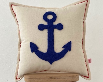 Galia Tasarim - Linen Fabric Punch Embroidered Anchor Figure Cushion Cover with Red Trim - Throw Pillow